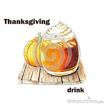 Thanksgiving background with single hand sketched pumpkin latte Stock Photo