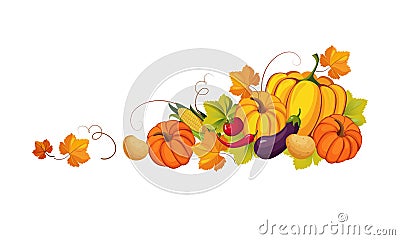 Thanksgiving banner with autumn vegetables and colorful leaves, border frame with space for text vector Illustration Vector Illustration