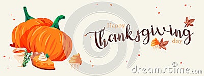 Thanksgiving banner Festive background with orange pumpkins, autumn leaves with cute desserts. horizontal holiday poster website Vector Illustration