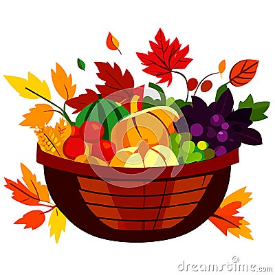 Thanksgiving basket with autumn leaves, pumpkins and berries. Vector illustration. AI generated Vector Illustration