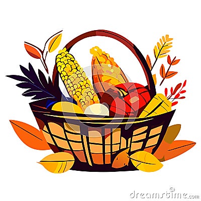Thanksgiving basket with corn, pumpkin and leaves. Vector illustration. Generative AI Vector Illustration