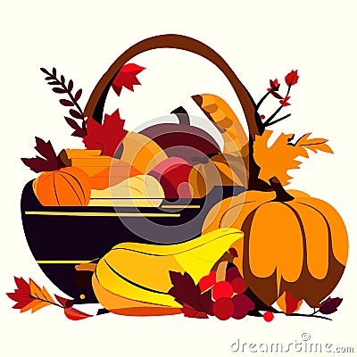 Thanksgiving basket full of pumpkins and autumn leaves. Vector illustration. Generative AI Vector Illustration