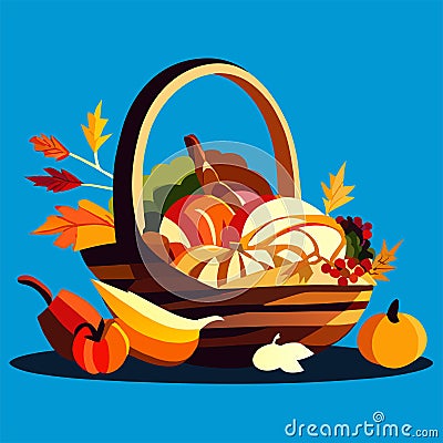 Thanksgiving basket with pumpkins and autumn leaves. Vector illustration. AI generated Vector Illustration