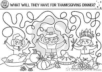 Thanksgiving black and white maze for children. Autumn holiday line printable activity. Fall labyrinth game or coloring page with Vector Illustration