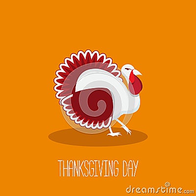 Thanksgiving card with bright turkey in fla style. Cartoon Illustration