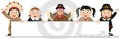 Thanksgiving Characters with Blank Banner Vector Illustration