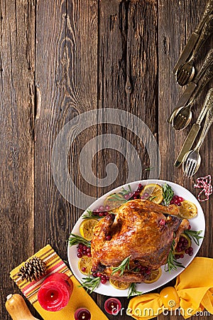 Thanksgiving chicken on wooden table gala dinner, top view Stock Photo