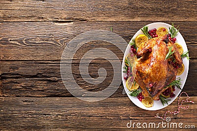 Thanksgiving chicken on wooden table gala dinner, top view Stock Photo