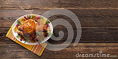 Thanksgiving chicken on wooden table gala dinner, top view Stock Photo