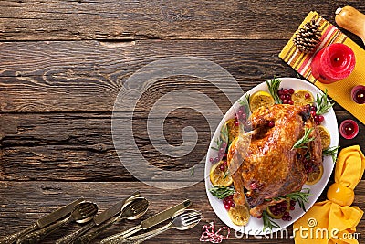 Thanksgiving chicken on wooden table gala dinner, top view Stock Photo