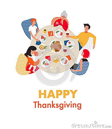 Thanksgiving or Christmas dinner with extended family. Vector Illustration