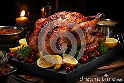Thanksgiving or Christmas dinner with roasted turkey and fruits served on festive table with candles Stock Photo