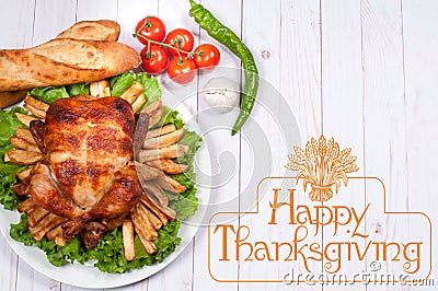 Thanksgiving or Christmas. Homemade roasted whole turkey on wooden table. Thanksgiving Celebration Traditional Dinner Setting Stock Photo