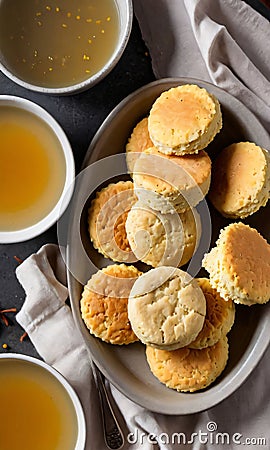 Thanksgiving Cornmeal Biscuits Beside A Bowl Of Turkey Brot. Generative AI Stock Photo