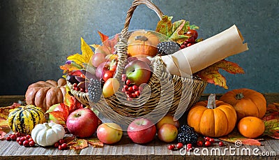 Thanksgiving cornucopia filled with autumn fruits and vegetables Stock Photo