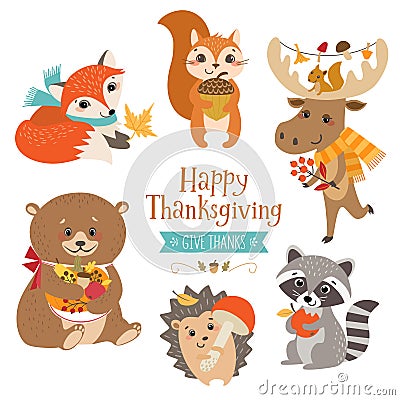 Thanksgiving cute forest animals Vector Illustration