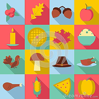 Thanksgiving Day Autumn icons set, flat style Vector Illustration
