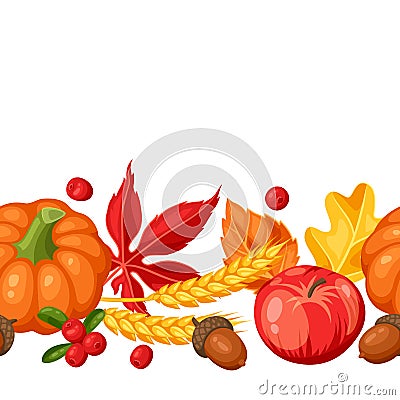 Thanksgiving Day or autumn seamless pattern. Ornament with vegetables and leaves Vector Illustration