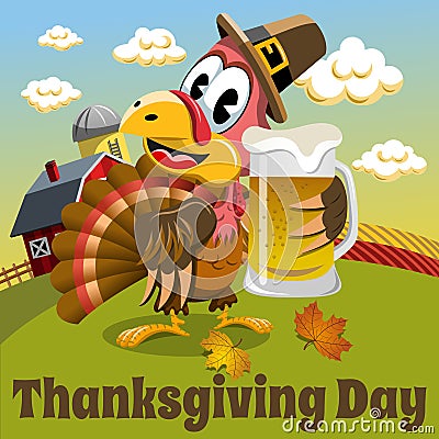 Thanksgiving day background pilgrim turkey holding beer mug Vector Illustration