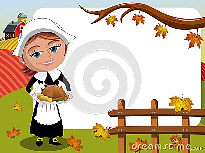 Thanksgiving day background pilgrim woman roast turkey horizontal frame Vector Illustration