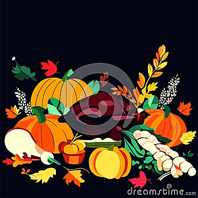 Thanksgiving day background with roasted turkey, pumpkins and autumn leaves AI Generated Vector Illustration