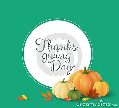 Thanksgiving day beautiful green background with vector pumpkins and autumn leaves. Traditional holiday greeting card Vector Illustration