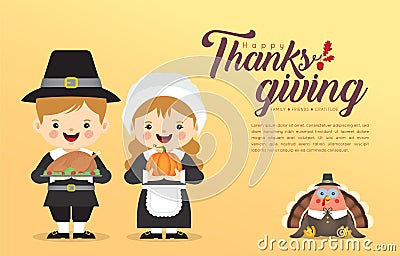 Thanksgiving day - cartoon pilgrim couple holding pumpkin & roasted turkey with turkey bird Vector Illustration