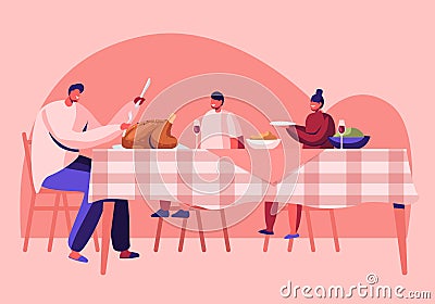 Thanksgiving Day Celebration, Happy Family Dad and Kids Sitting at Table with Festive Food Drinks, Father Cutting Roasted Turkey Vector Illustration