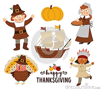 Thanksgiving Day characters set. Vector Autumn icons collection with pilgrims, native Indian, ship, turkey, pumpkin. Cute fall Vector Illustration