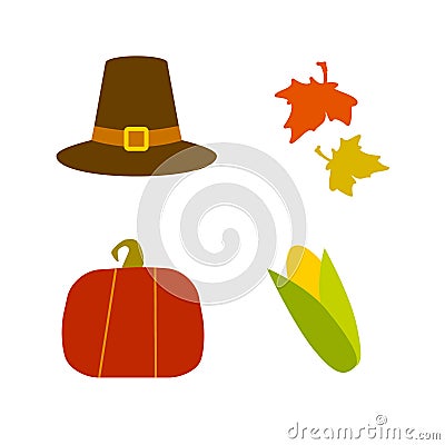 Thanksgiving day collection: hat, leaves.corn and pumpkin. Clip art vector icons Vector Illustration