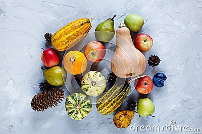 Thanksgiving day composition of vegetables and fruits on gray background. Autumn harvest concept. Stock Photo