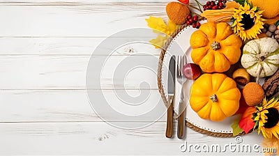 Thanksgiving day concept. Top view photo of plate fork knife napkin Stock Photo