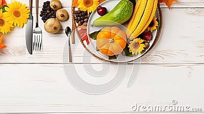 Thanksgiving day concept. Top view photo of plate fork knife napkin Stock Photo