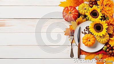 Thanksgiving day concept. Top view photo of plate fork knife napkin vegetables pumpkin zucchini apple pear sunflowers walnut pine Stock Photo