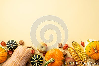 Thanksgiving day concept. Top view photo of raw vegetables pumpkins gourd apples corn walnuts and physalis on isolated beige Stock Photo