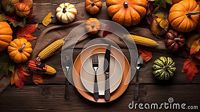 Thanksgiving day concept. Top view photo of table setting plate knife fork napkin raw vegetables pumpkins isolated dark wooden, Stock Photo