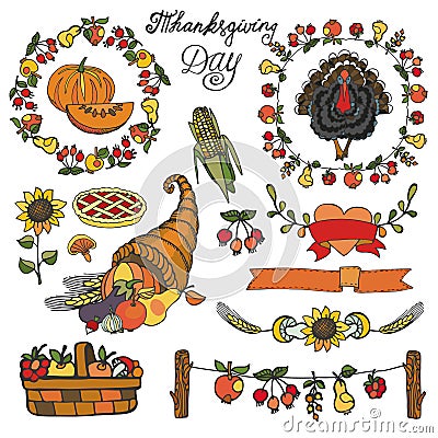 Thanksgiving day decor.Colorful Doodle set Vector Illustration