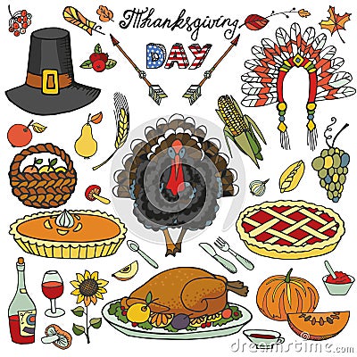 Thanksgiving day.Doodle icons colorful set Vector Illustration