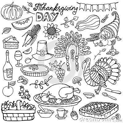 Thanksgiving day doodle icons.Linear set Vector Illustration