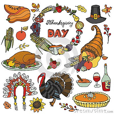 Thanksgiving day doodle icons,wreath.Colorful set Vector Illustration