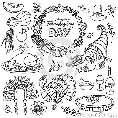 Thanksgiving day doodle icons,wreath.Linear set Vector Illustration