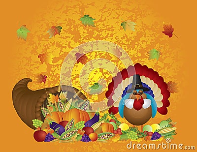 Thanksgiving Day Feast Cornucopia Turkey Pilgrim w Vector Illustration