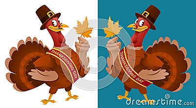 Thanksgiving Day. Funny cartoon turkey in a pilgrim hat keeps Vector Illustration