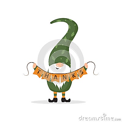 Thanksgiving day gnome. Cute scandinavian dwarf with garland. Holiday banner or card with little leprechaun. Hand drawn Vector Illustration