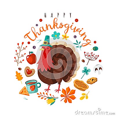 Thanksgiving day. Happy holidays poster with festive character. Holiday turkey, yellow leaves and fruits, berries and Vector Illustration