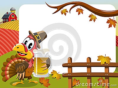 Thanksgiving day horizontal frame pilgrim turkey beer mug Vector Illustration