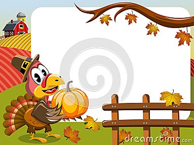 Thanksgiving day horizontal frame pilgrim turkey pumpkin Vector Illustration