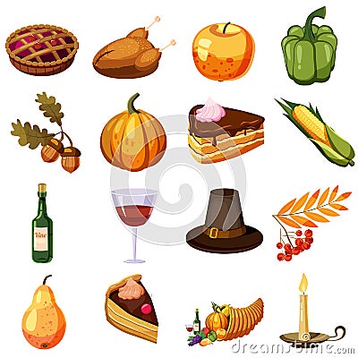 Thanksgiving Day icons set, cartoon style Vector Illustration