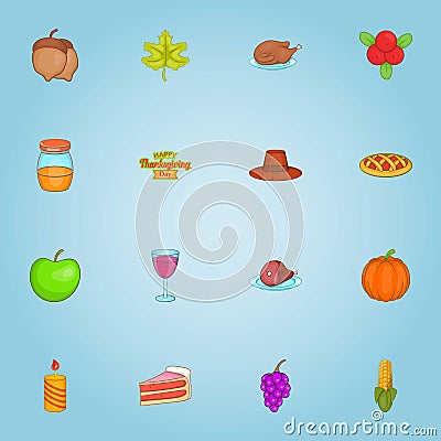 Thanksgiving day icons set, cartoon style Vector Illustration