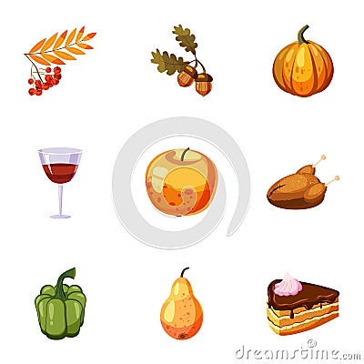 Thanksgiving day icons set, cartoon style Vector Illustration